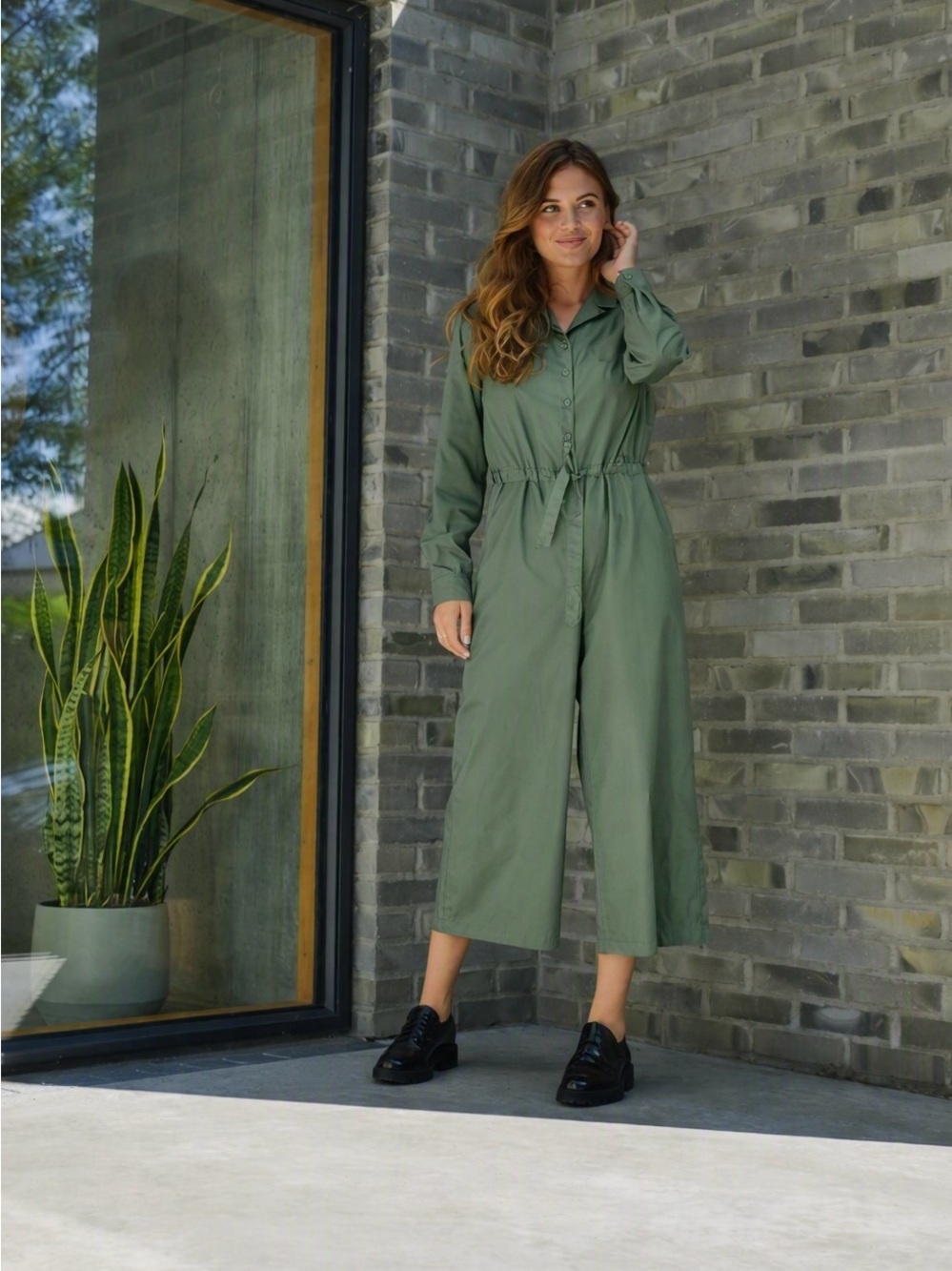 KAFFEE - KAeline Jumpsuit. button front, self-tie belt, wide crop legs.